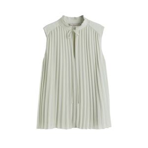 H&M Pleated Sleeveless Blouse Women’s Medium Light Green A-Line Stand-Up Collar‎